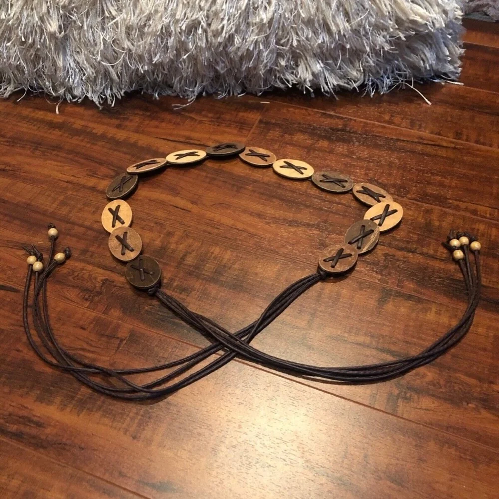 Vintage BoHo Hippie Festival Wood Disc Faux Leather Fringe Tie Hip Belt …